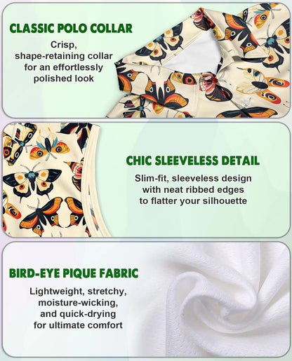 Vintage Butterfly Sleeveless Polo Shirt for Women, Retro Nature Style | Azhawaiian