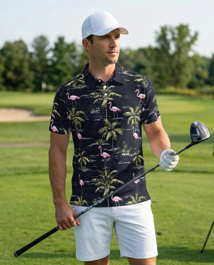 Flamingo Tropical Polo Shirt for Men, Island Beach Style | Azhawaiian