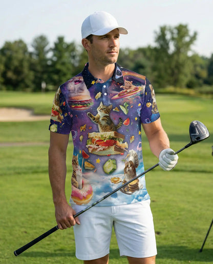 Space Cat Food 3D Polo Shirt for Men, Funny Cosmic Kitty Style | Azhawaiian