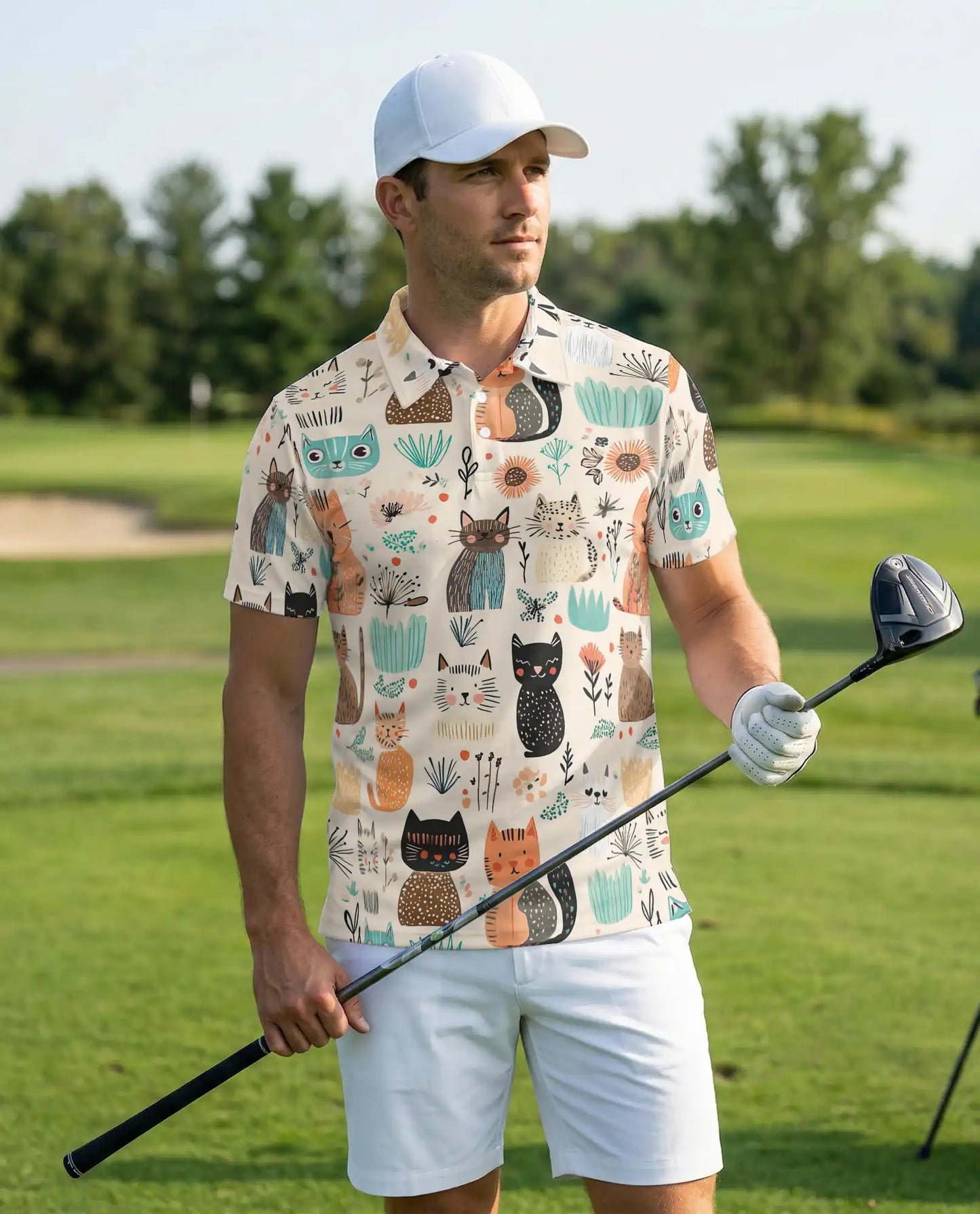 Cute Cat Polo Shirt, Cartoon Kitty Print | Azhawaiian