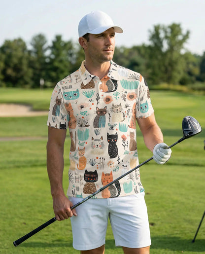 Cute Cat Polo Shirt, Cartoon Kitty Print | Azhawaiian