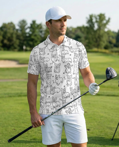 Cute Corgi Sketch 3D Polo Shirt for Men, Minimal Dog Lover Style | Azhawaiian