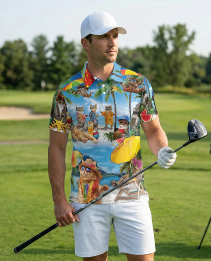 Funny Beach Cat Polo Shirt for Men-Tropical Cat Lover Shirt | Azhawaiian
