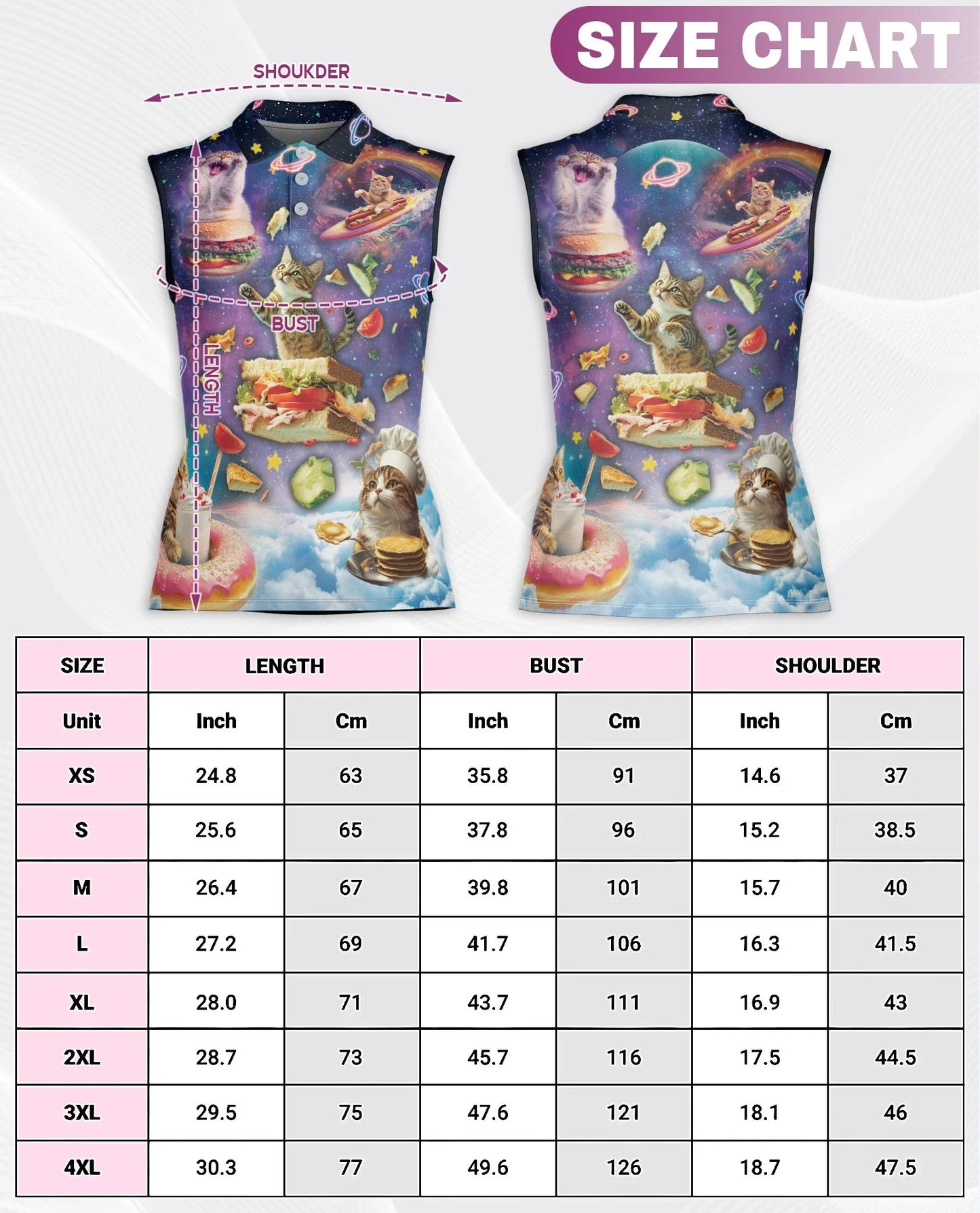 Cosmic Cat Food Adventure Sleeveless Polo Shirt for Women | Azhawaiian