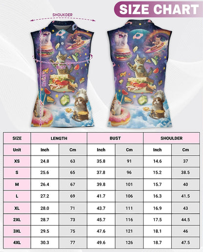 Cosmic Cat Food Adventure Sleeveless Polo Shirt for Women | Azhawaiian