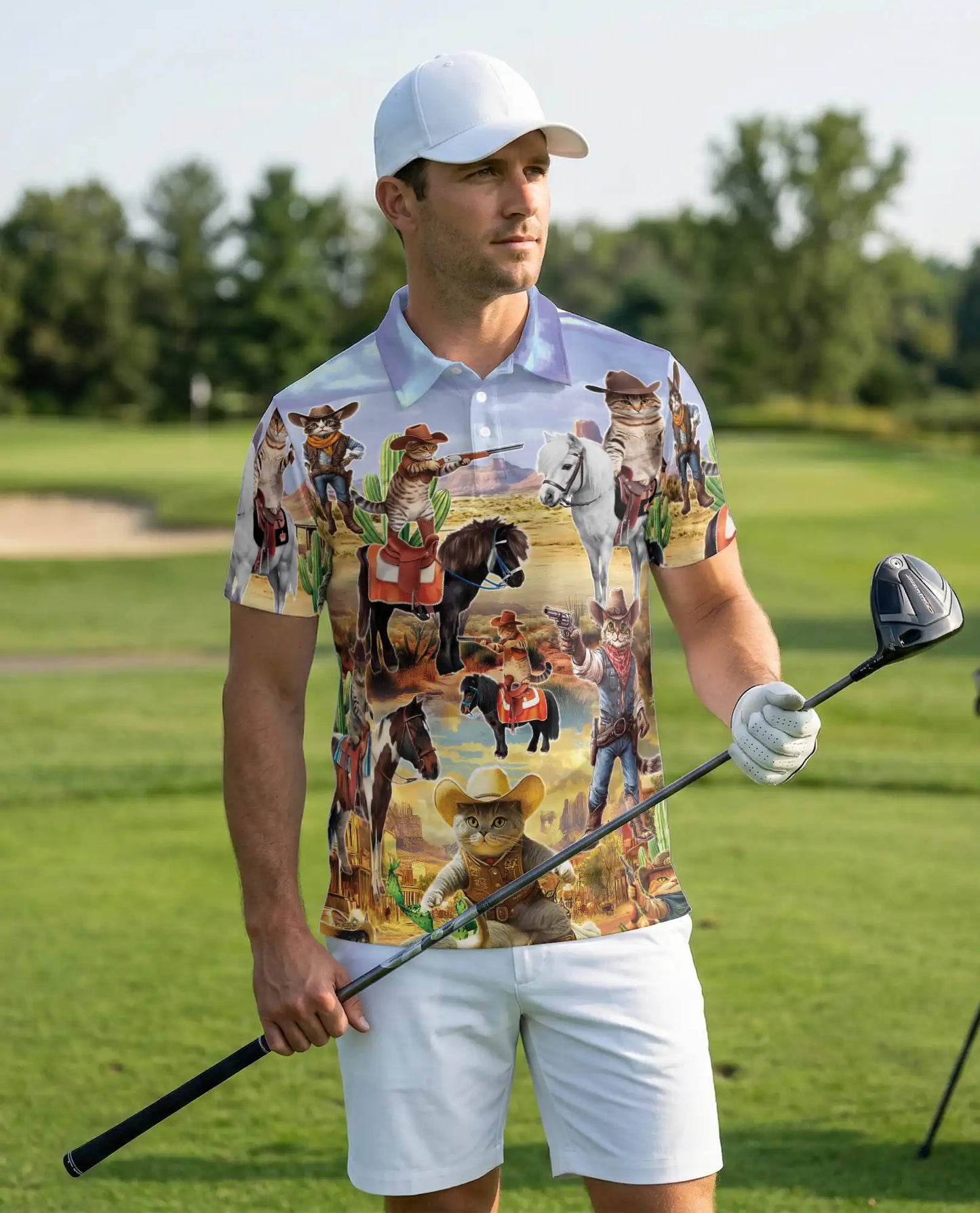 Funny Cowboy Cat 3D Polo Shirt for Men, Wild West Western Pet Style | Azhawaiian