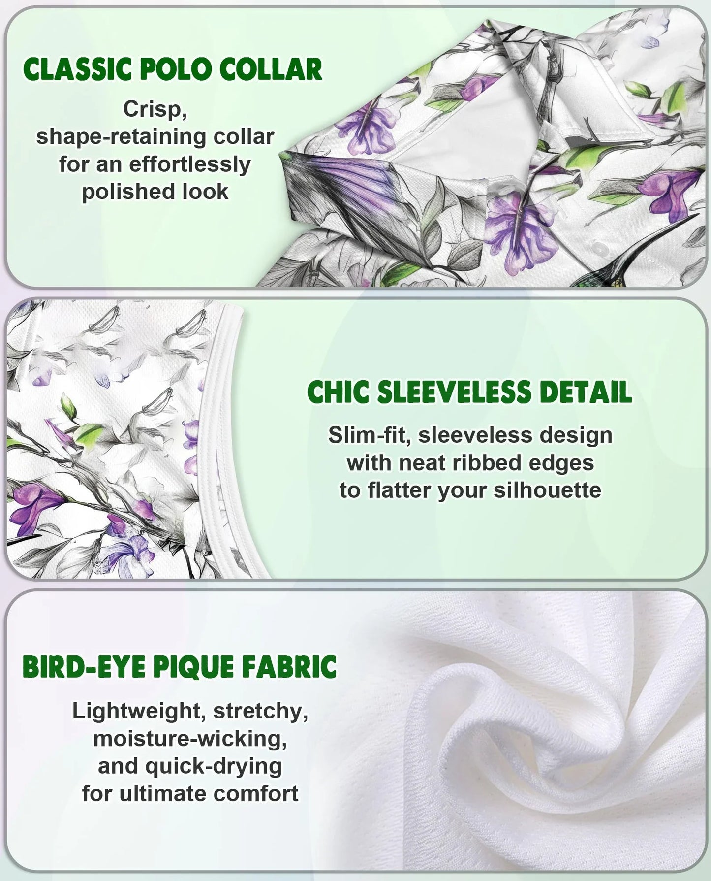 Vintage Hummingbirds Sleeveless Polo Shirt for Women | Azhawaiian