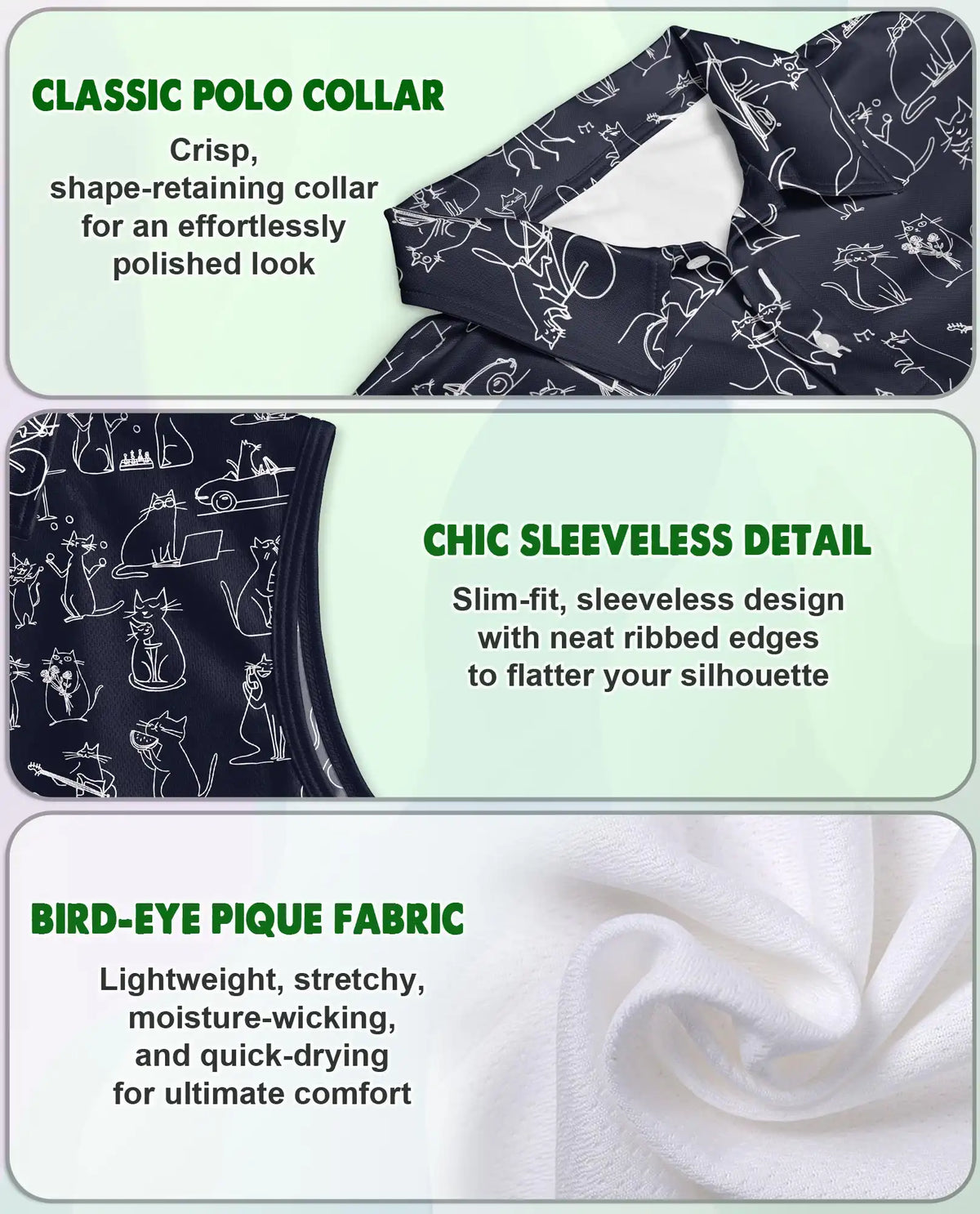 Navy Cat Doodle Sleeveless Polo Shirt for Women, Cute Feline Style