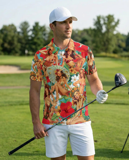 Tropical Pin Up Polo Shirt - Vintage Hawaiian Beauty Style | Azhawaiian