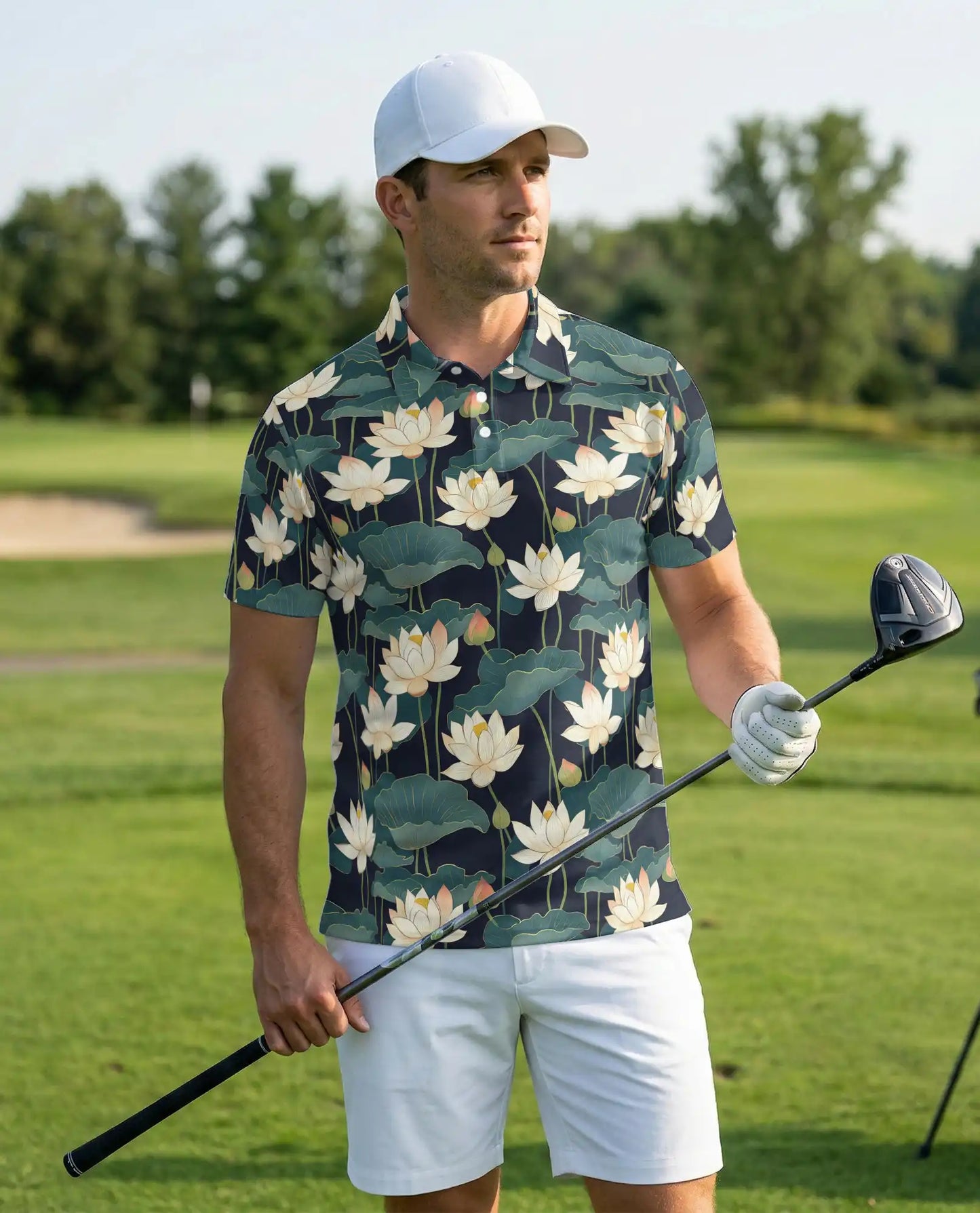 Lotus Flower Polo Shirt, Elegant Botanical Print | Azhawaiian