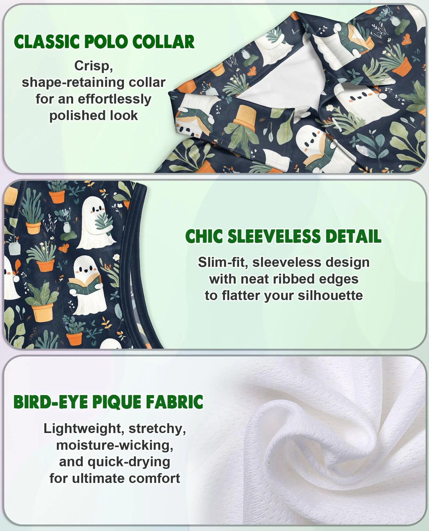 Cute Ghost Holding Plants Pattern Sleeveless Polo Shirt for Women | Azhawaiian
