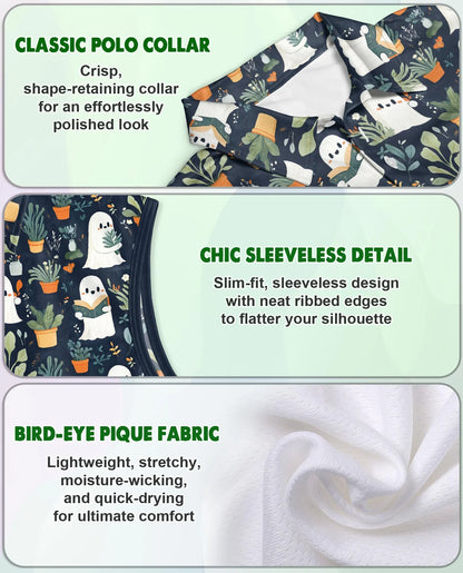 Cute Ghost Holding Plants Pattern Sleeveless Polo Shirt for Women | Azhawaiian