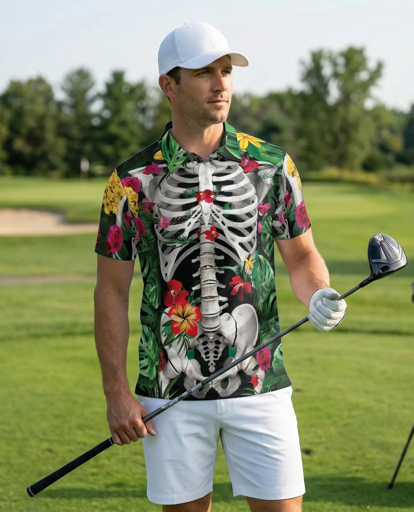 Skeleton Floral Hawaiian Polo Shirt for Men | Azhawaiian