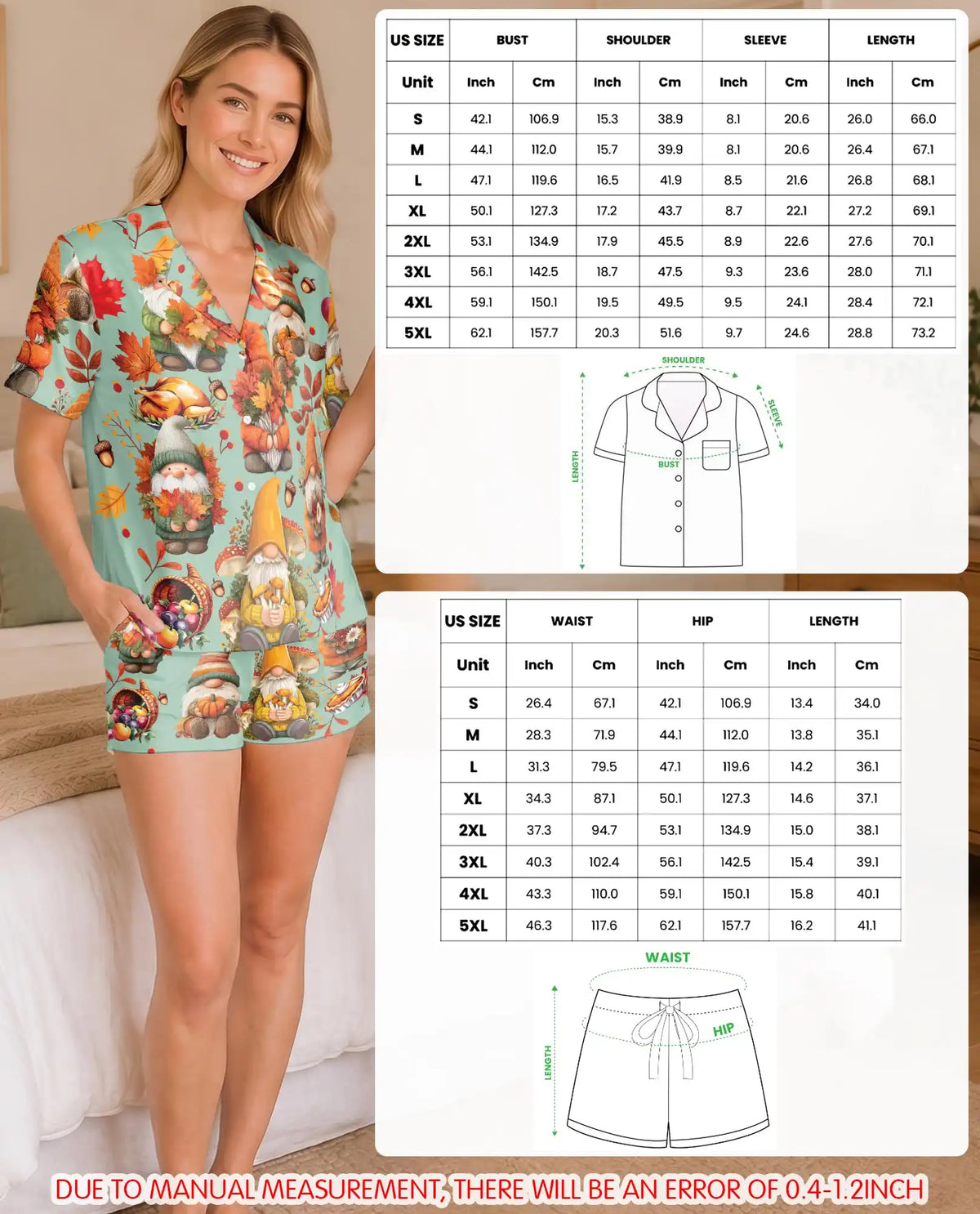 Thanksgiving Gnome Pajama Set for Women – Fall Pumpkins & Autumn Leaves Print