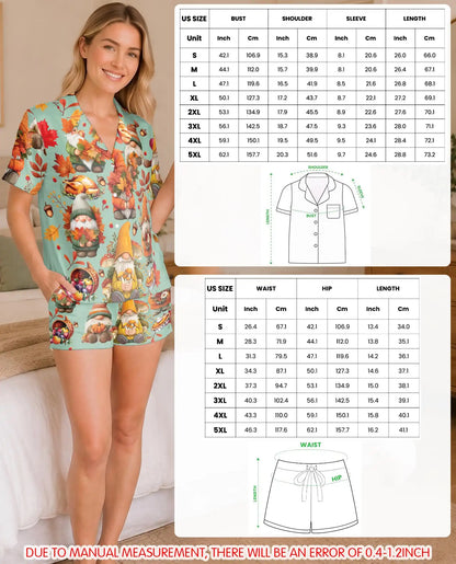 Thanksgiving Gnome Pajama Set for Women – Fall Pumpkins & Autumn Leaves Print