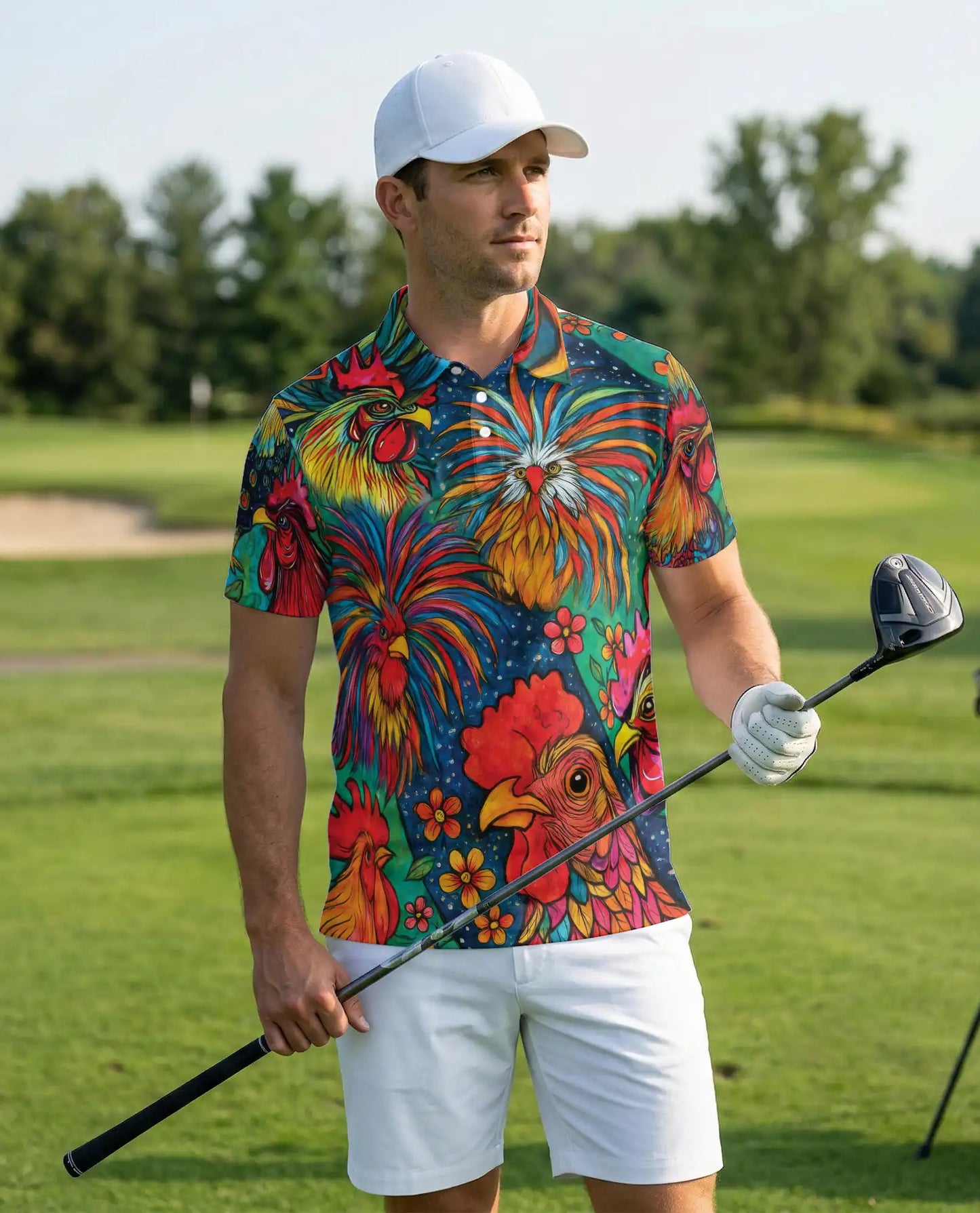 Colorful Rooster Polo Shirt, Folk Art Farm Print | Azhawaiian