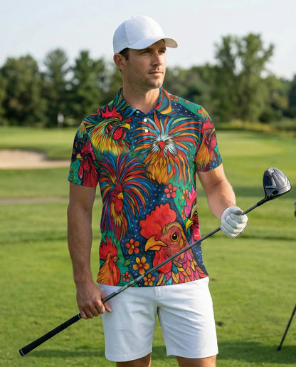 Colorful Rooster Polo Shirt, Folk Art Farm Print | Azhawaiian
