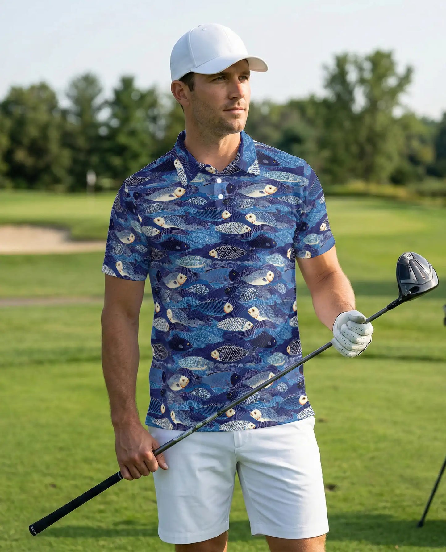 Blue Coastal Fish Polo Shirt for Men- Ocean Fish Pattern | Azhawaiian