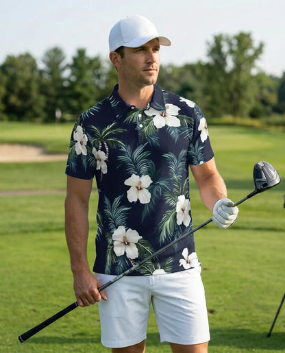 Tropical Hibiscus Palm 3D Polo Shirt for Men, Hawaiian Floral Beach Style | Azhawaiian