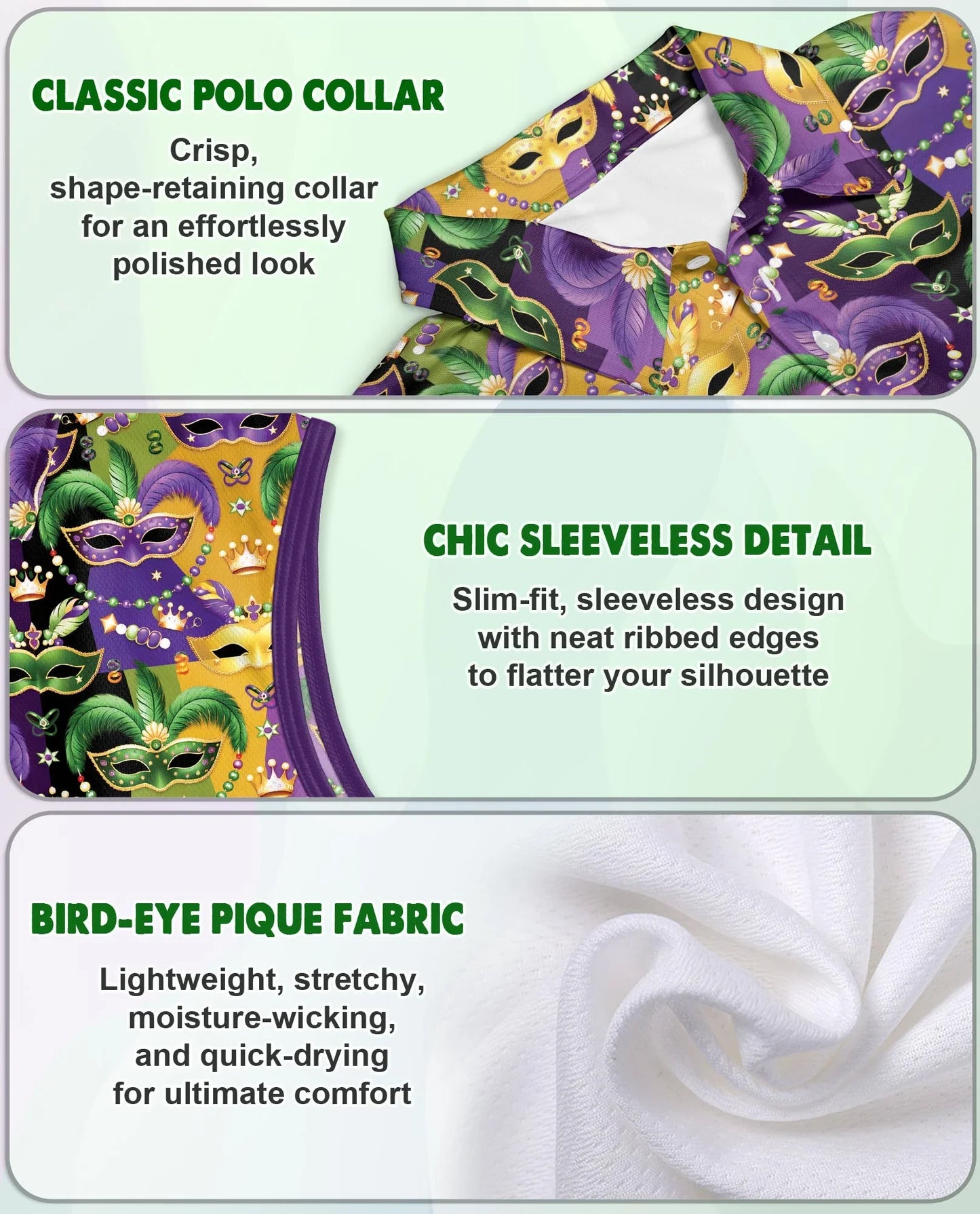 Mardi Gras Mask Sleeveless Polo Shirt for Women | Azhawaiian