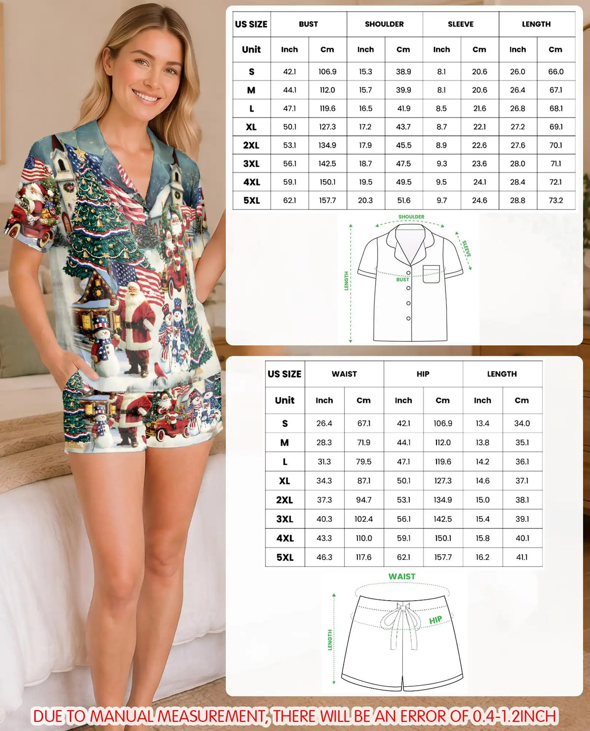 Patriotic Santa Christmas Pajama Set for Women – American Flag Print
