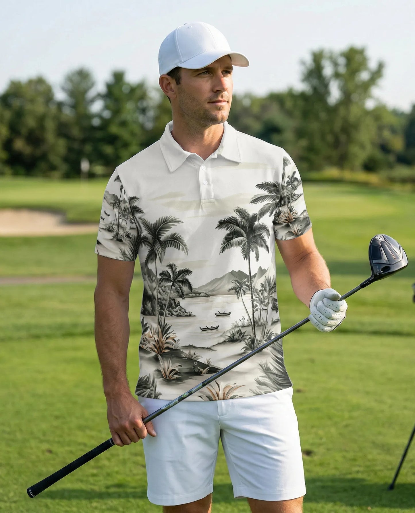 Tropical Landscape 3D Polo Shirt for Men, Vintage Beach Palm Style | Azhawaiian