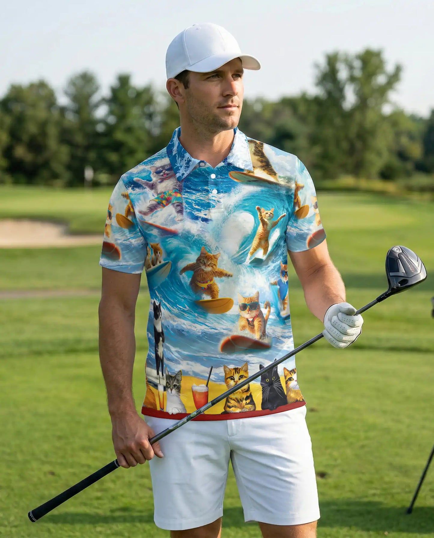 Surfing Cat 3D Polo Shirt for Men, Funny Beach Summer Style | Azhawaiian