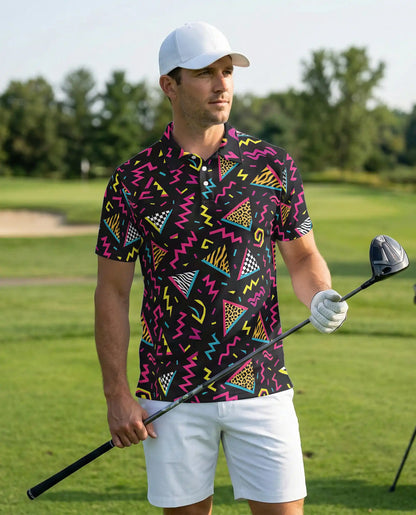 Retro 80s Polo Shirt, Neon Geometric Abstract Pattern | Azhawaiian