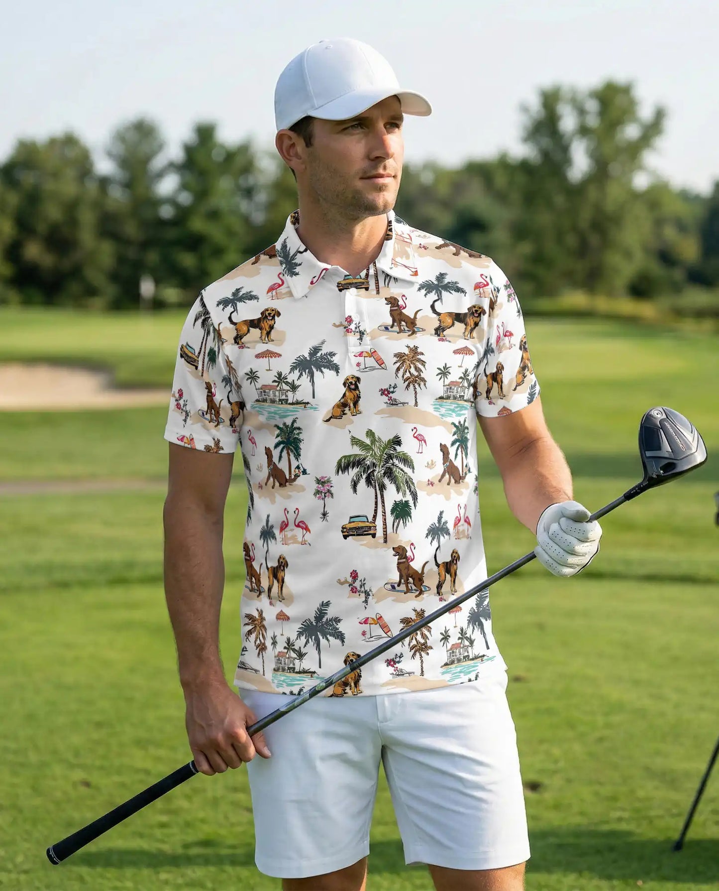 Golden Retriever Beach Polo Shirt, Tropical Island Print | Azhawaiian