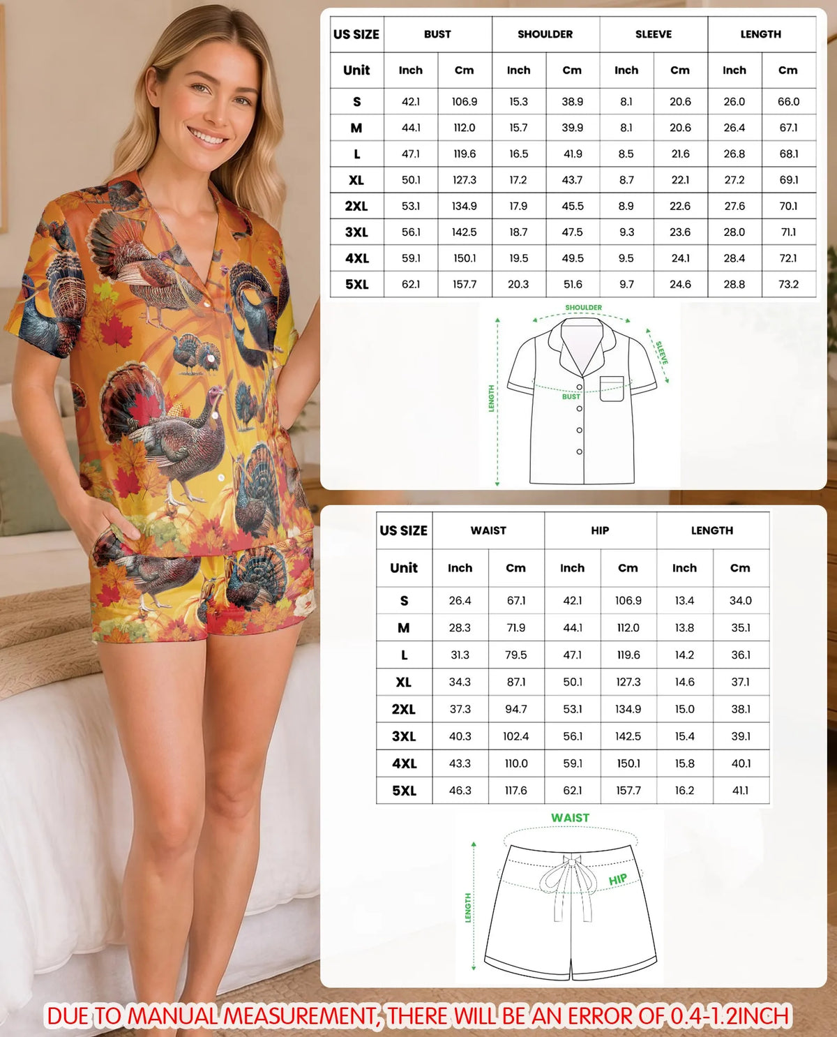 Thanksgiving Turkey Pajama Set for Women, Autumn Fall Holiday Sleepwear