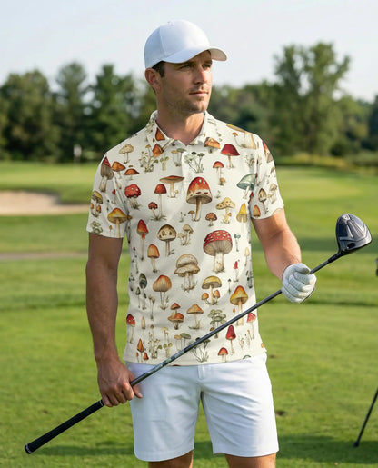Mushroom Botanical Polo Shirt, Vintage Nature Print | Azhawaiian