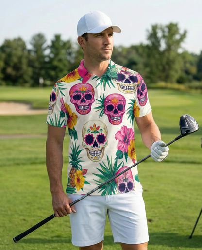 Sugar Skull Polo Shirt, Tropical Floral Print | Azhawaiian