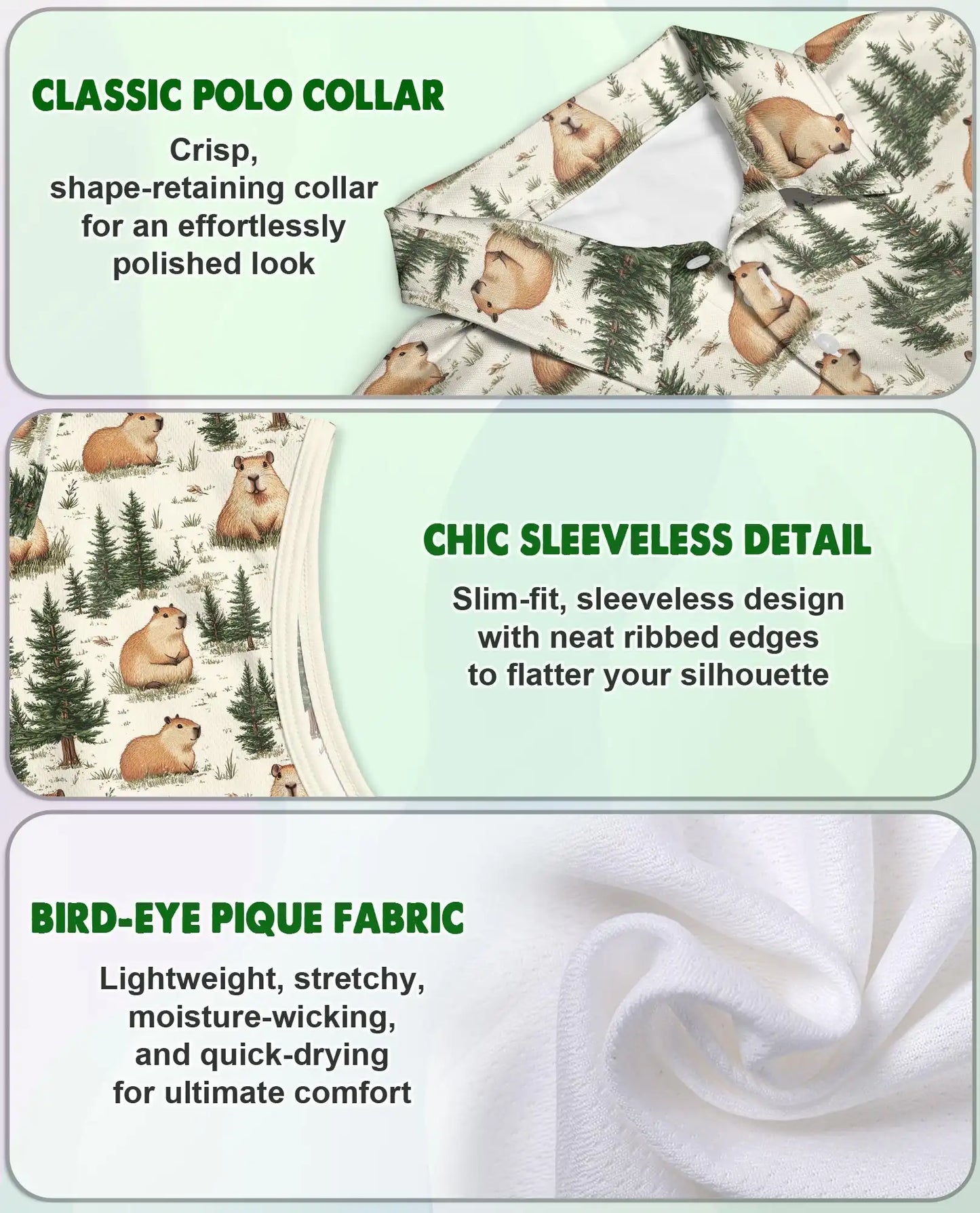 Watercolor Capybara Forest Pattern Sleeveless Polo Shirt for Women| Azhawaiian