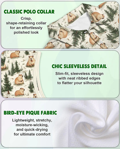 Watercolor Capybara Forest Pattern Sleeveless Polo Shirt for Women| Azhawaiian