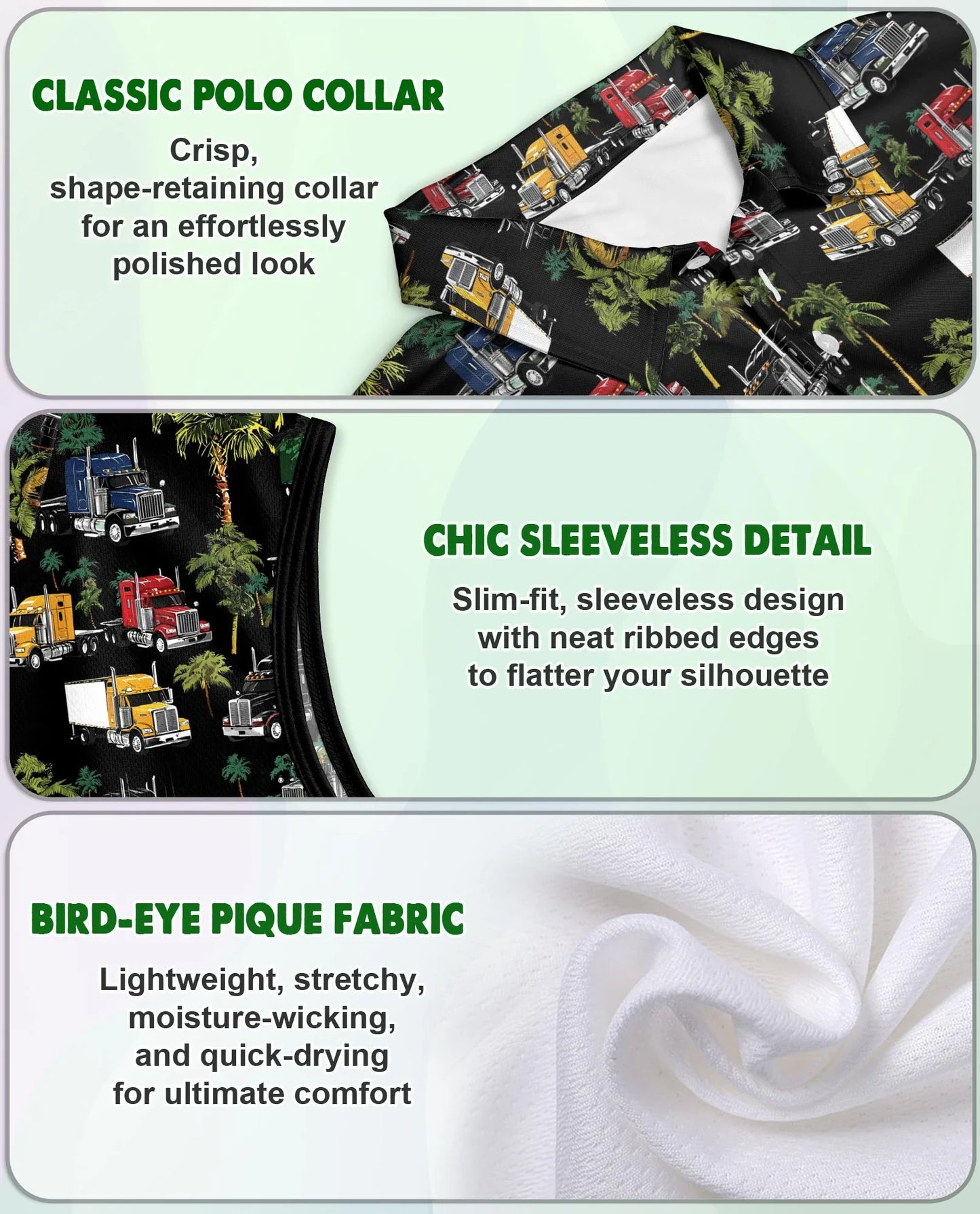 Semi Truck and Palm Tree Print Sleeveless Polo Shirt for Women | Azhawaiian