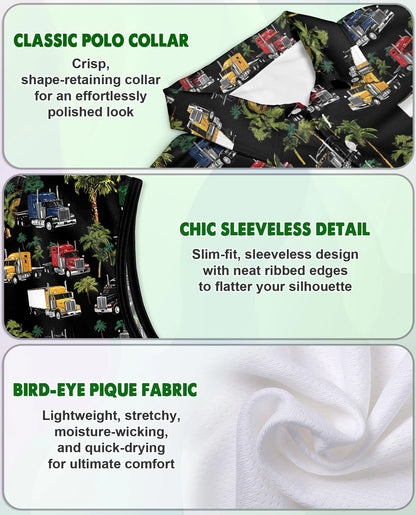 Semi Truck and Palm Tree Print Sleeveless Polo Shirt for Women | Azhawaiian