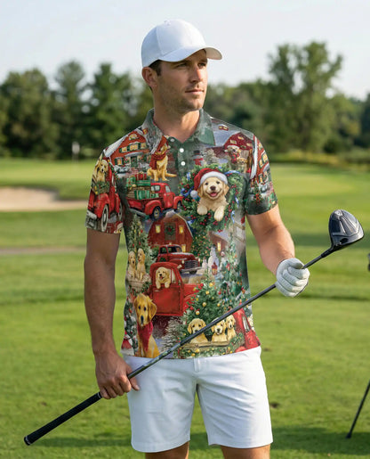 Festive Christmas Dogs Polo Shirt for Men, Holiday Graphic Tee | Azhawaiian