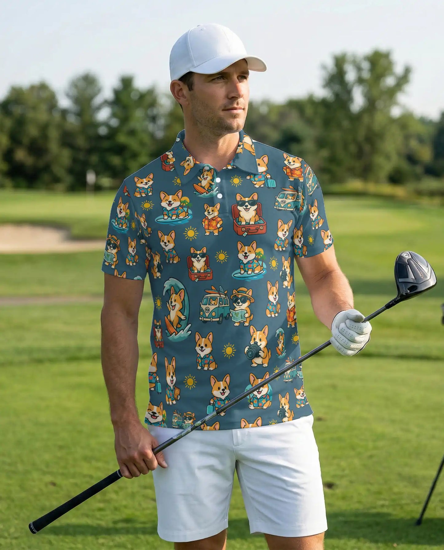 Corgi Beach Polo Shirt, Tropical Vacation Print | Azhawaiian