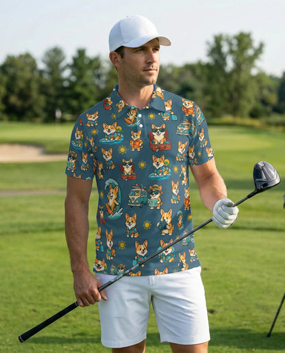 Corgi Beach Polo Shirt, Tropical Vacation Print | Azhawaiian