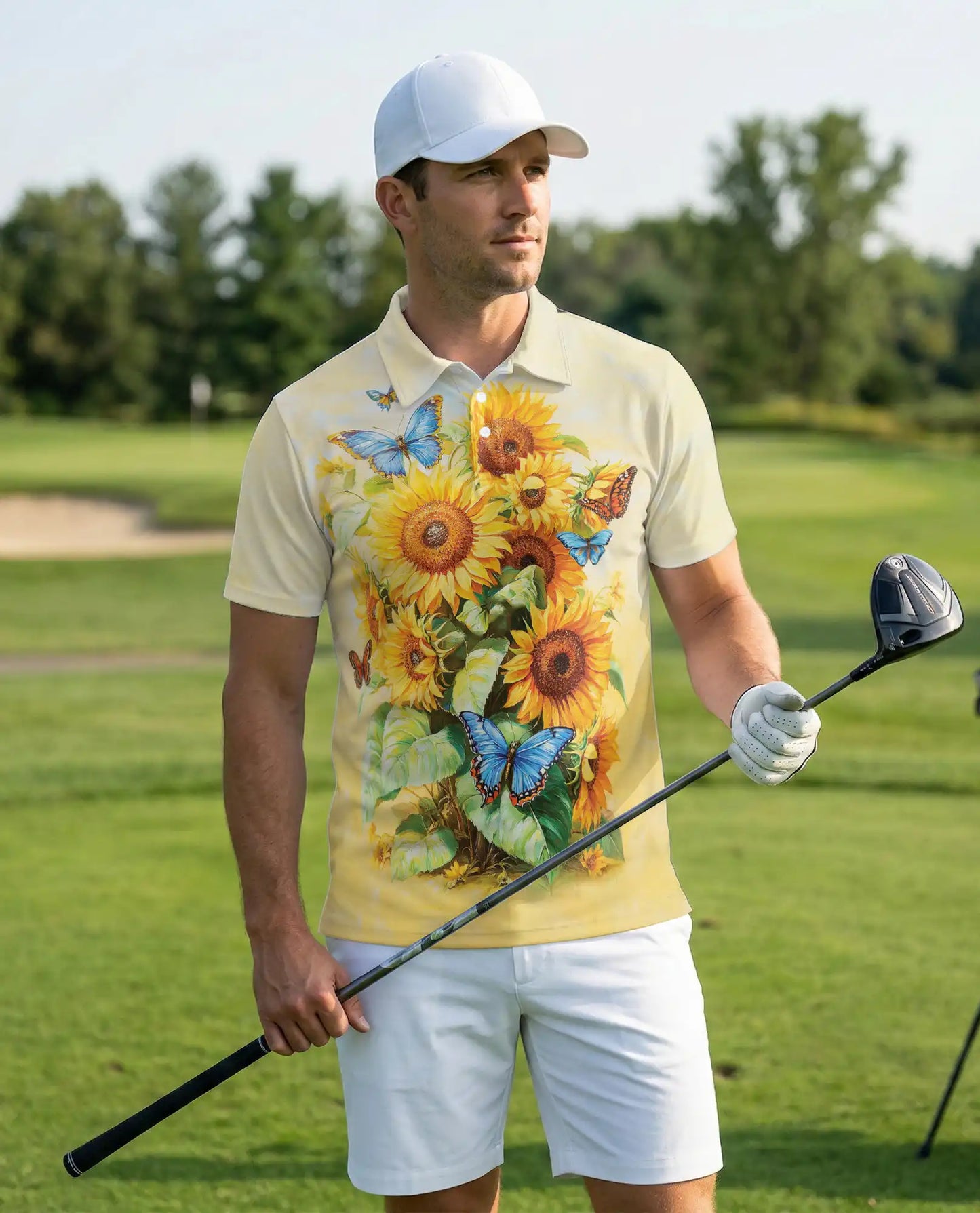 Sunflower Butterfly Polo Shirt, Floral Summer Style | Azhawaiian