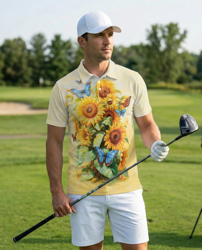 Sunflower Butterfly Polo Shirt, Floral Summer Style | Azhawaiian