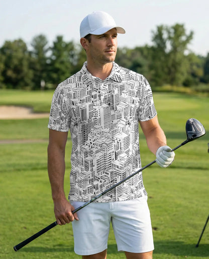 Black & White Cityscape Polo Shirt, Urban Skyline Pattern | Azhawaiian