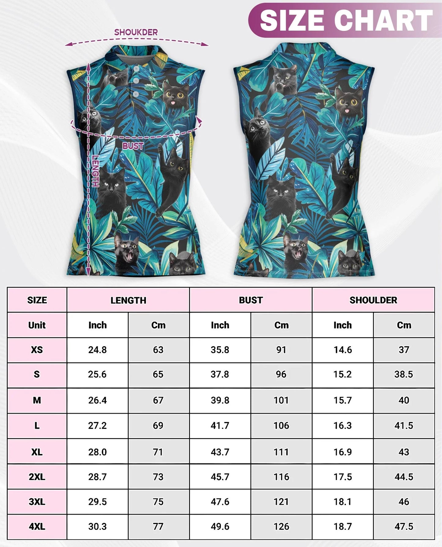 Black Cat Tropical Leaf Sleeveless Polo Shirt for Women | Azhawaiian