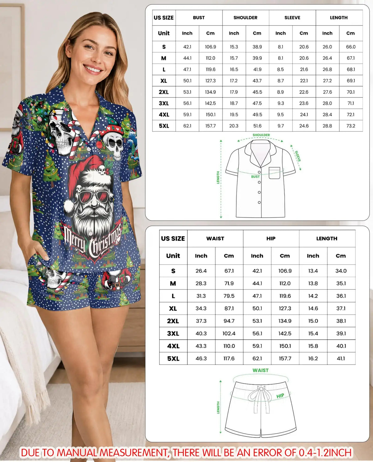 Gothic Christmas Pajama Set for Women, Skeleton Santa Holiday Sleepwear