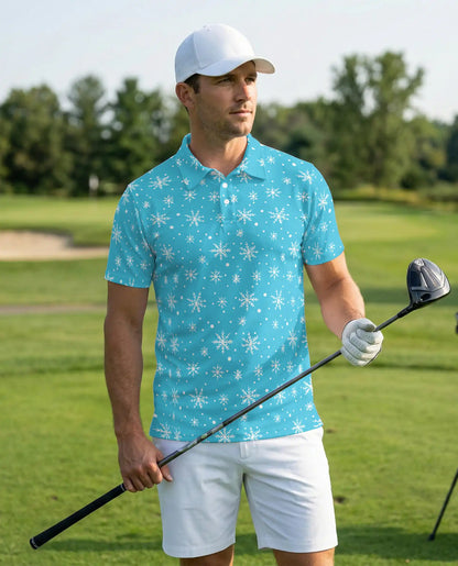 Blue Snowflake 3D Polo Shirt for Men, Minimal Winter Holiday Style | Azhawaiian