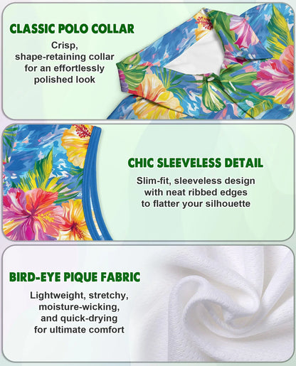 Hibiscus Seas Blue Sleeveless Polo Shirt for Women | Azhawaiian