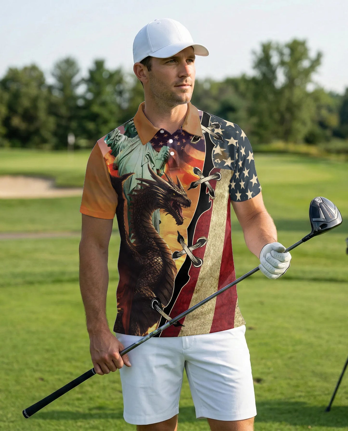 American Dragon 3D Polo Shirt for Men, Patriotic Fantasy Flag Style | Azhawaiian