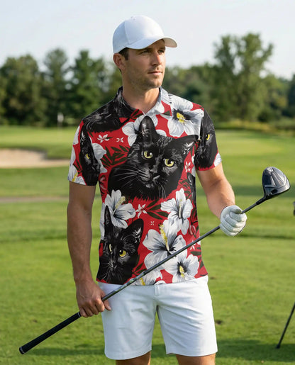 Black Cat Hawaiian Polo Shirt for Men | Azhawaiian