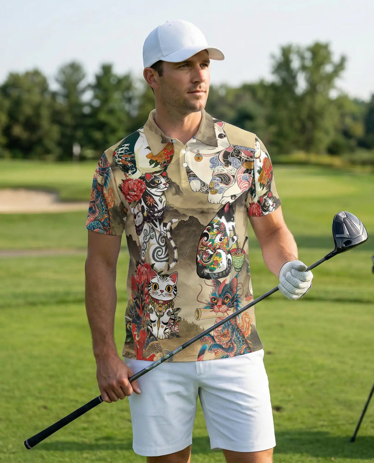 Japanese Tattoo Cat 3D Polo Shirt for Men, Asian Dragon Art Style | Azhawaiian