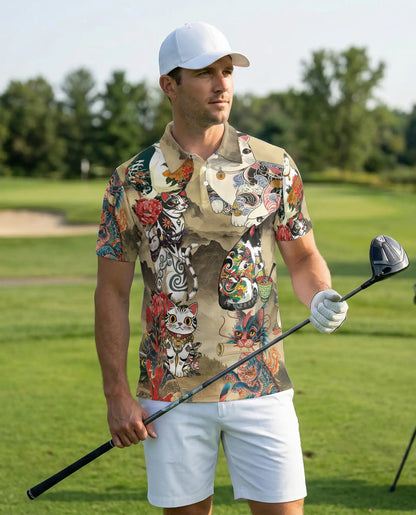Japanese Tattoo Cat 3D Polo Shirt for Men, Asian Dragon Art Style | Azhawaiian